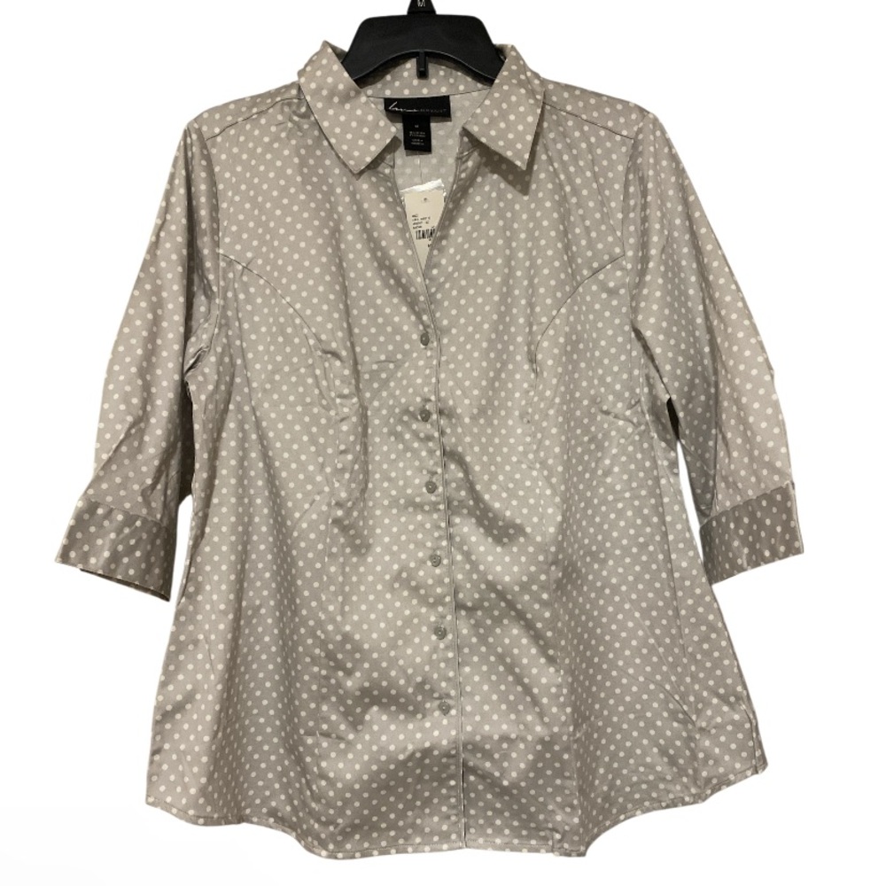 Lane Bryant Gray Grey Polka Dot Collared Career Button Blouse 1/2 Sleeve - Sz 14